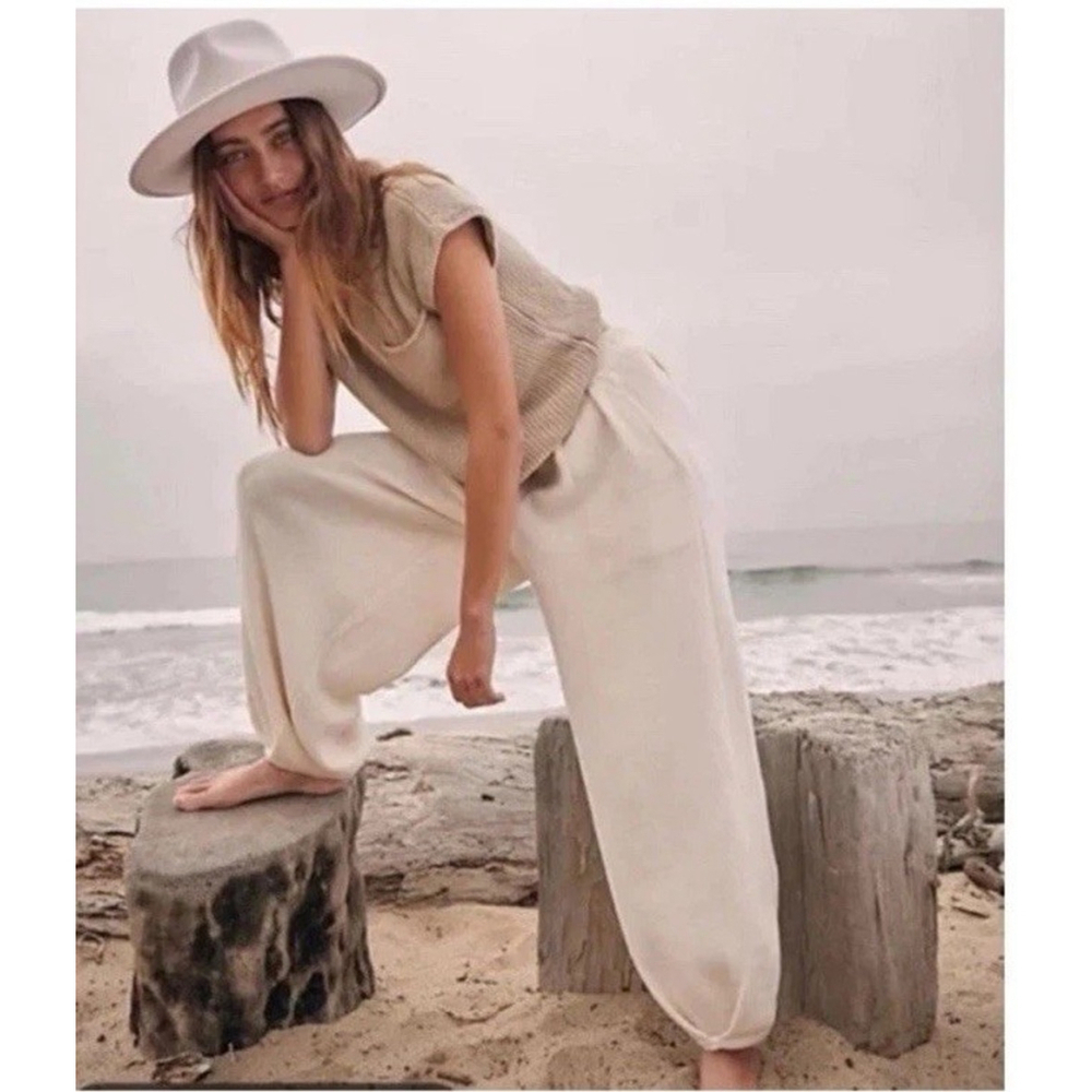 Free People Beach Freya Pants Ivory Barrel Balloon Leg Linen Blend Knit Coastal